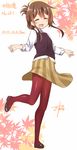  ^_^ alternate_costume autumn_leaves brown_hair closed_eyes dated folded_ponytail gurande_(g-size) highres inazuma_(kantai_collection) kantai_collection long_hair pantyhose smile solo sweater_vest 