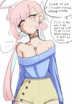  ... 1boy 1girl angelicshiba blush breasts cleavage closed_mouth collar cowboy_shot earrings highres jewelry long_hair looking_at_viewer medium_breasts off_shoulder original pink_eyes pink_hair shorts simple_background solo speech_bubble spoken_ellipsis sweater trap white_background 