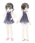  1girl absurdres arikomen blue_dress bow bracelet brown_eyes brown_hair child dress dress_bow full_body hair_ornament hairclip hands_on_own_hips highres jewelry looking_at_viewer medium_hair multiple_views open_mouth original pink_bow pink_sandals sandals short_twintails shorts shorts_under_dress sleeveless sleeveless_dress standing star_(symbol) star_hair_ornament twintails white_background white_shorts 