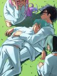  2boys 2girls alien_stage barefoot black_hair blue_hair choker closed_eyes commentary cuddling dress english_commentary grass grey_hair head_on_hands highres ivan_(alien_stage) kneeling kuradrawings long_sleeves lying mizi_(alien_stage) multicolored_hair multiple_boys multiple_girls on_grass on_side on_stomach pants pink_hair shirt short_hair signature smile squatting sua_(alien_stage) till_(alien_stage) two-tone_hair very_short_hair white_choker white_dress white_pants white_shirt 