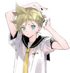  1boy aqua_eyes arms_up bass_clef blonde_hair commentary_request fingernails hair_ornament hairclip kagamine_len male_focus naoko_(naonocoto) necktie open_mouth ponytail sailor_collar shirt short_hair short_ponytail short_sleeves simple_background solo sweatdrop upper_body vocaloid white_background white_shirt yellow_necktie 