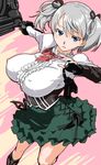  breasts ciel_alencon corset covered_nipples fingerless_gloves gloves god_eater hair_ribbon jpeg_artifacts large_breasts ribbon shinama short_hair silver_hair skirt solo twintails 