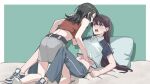  2girls absurdres bang_dream! bang_dream!_it&#039;s_mygo!!!!! black_hair blue_pants blue_shoes border brown_hair commentary crop_top grey_skirt highres joker_(jjjokerrr233) long_hair medium_hair mole mole_under_eye multiple_girls navel open_mouth pants pillow purple_eyes red_tank_top shiina_taki shirt shoes short_sleeves skirt tank_top teeth white_border white_shirt yahata_umiri yuri 