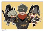  1boy 2girls anger_vein baseball_bat black_gloves black_helmet black_horns black_thighhighs border caesar_king_(zenless_zone_zero) chibi closed_eyes combat_helmet fang fur-trimmed_jacket fur-trimmed_shorts fur_trim gloves green_hair hair_intakes hair_ornament half_gloves helmet highres holding holding_baseball_bat holding_shield holding_sword holding_weapon horns jacket leather leather_jacket lighter_(zenless_zone_zero) long_hair luciana_de_montefio mask mask_around_neck micro_shorts multiple_girls open_mouth pickelhaube popochi_fuwa puff_of_air red_eyes red_scarf respirator scarf shield shorts shoulder_spikes side_ponytail spiked_jacket spikes sunglasses sweat sword thighhighs weapon white_border yellow_background yellow_eyes zenless_zone_zero 