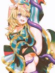  1girl :d absurdres ahoge animal_ear_fluff animal_ears anversailles arm_strap armpits arms_up asymmetrical_legwear black_hair black_panties blonde_hair blue_bow blue_skirt blue_thighhighs bow bowtie braid breasts cleavage clitoris clothing_aside commentary commission double-parted_bangs facial_mark female_pubic_hair fox_ears fox_girl fox_tail hair_between_eyes hair_bow hair_ornament hair_over_shoulder hairclip hat heart heart-shaped_pupils highres holding_own_leg hololive imminent_penetration jester_cap layered_skirt leg_lift long_hair looking_at_viewer mark_under_eye miniskirt mismatched_legwear multicolored_hair omaru_polka omaru_polka_(1st_costume) open_mouth panties panties_aside pink_hair pink_thighhighs pubic_hair purple_eyes pussy red_bow red_bowtie shirt side_braid simple_background single_braid skirt sleeveless sleeveless_shirt smile solo split spread_pussy standing standing_on_one_leg standing_split streaked_hair striped_clothes striped_skirt striped_thighhighs symbol-only_commentary symbol-shaped_pupils tail teeth tentacles thighhighs tilted_headwear traditional_bowtie uncensored underwear upper_teeth_only variant_set vertical-striped_clothes vertical-striped_skirt vertical-striped_thighhighs virtual_youtuber white_background x_hair_ornament 