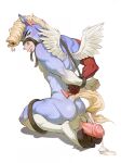 animal_genitalia animal_penis anthro arms_tied backsack balls blonde_hair bodily_fluids bound butt cum ejaculation equid equine equine_genitalia equine_penis femboy genital_fluids genitals gleotee hair hi_res hooves kneeling legs_tied male mammal muscular muscular_anthro muscular_male mythological_creature mythological_equine mythology nude_anthro nude_male pegasus penis purple_body rear_view simple_background solo white_background white_body wings