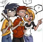  1girl 2boys baseball_cap blonde_hair blue_hair brown_eyes cartoon_network deviantart ed_edd_n_eddy fish food fruit hat holding holding_food holding_fruit hot-choc kevin_(ed_edd_n_eddy) lemon multiple_boys nazz_(ed_edd_n_eddy) orange_hair rolf_(ed_edd_n_eddy) smile stick white_background 