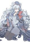  1girl absurdres animal_ears arknights black_pantyhose blue_eyes boots cape closed_eyes commentary dress fingernails full_body grey_boots grey_cape grey_dress grey_hat hair_between_eyes hand_on_own_chin hat highres knee_boots kneeling long_hair long_sleeves looking_to_the_side maki-no one-hour_drawing_challenge pantyhose rosa_(arknights) simple_background solo ursus_empire_logo white_background white_hair 