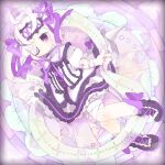  1girl ahoge antenna_hair bandages bat_wings blush boots dress emil_chronicle_online eyepatch frilled_dress frilled_hairband frills hairband lying medical_eyepatch purple_boots purple_dress purple_hair purple_ribbon purple_wings ribbon white_familiar_alma wings yuzujampot 