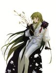  1other absurdres branch earrings enkidu_(fgo_fes._2025)_(fate) fate/grand_order fate_(series) flower gloves green_hair hair_between_eyes highres holding holding_branch jewelry long_hair long_sleeves pants profile salmonofarctic shirt simple_background smile very_long_hair white_background white_shirt yellow_eyes 