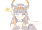  1girl black_gloves blue_eyes blunt_bangs choker finger_to_mouth fur-trimmed_choker fur_trim gloves half_gloves halo headpiece hololive hololive_english josusun long_hair looking_at_viewer multicolored_hair ninomae_ina&#039;nis ninomae_ina&#039;nis_(1st_costume) orange_hair pointy_ears purple_hair sidelocks solo sparkle tentacle_hair virtual_youtuber white_background 