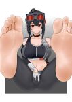  1girl absurdres ahoge akira8732587 barefoot black_background black_choker black_gloves black_hair black_pants black_tank_top border breasts cameltoe choker cleavage closed_mouth collarbone crop_top elbow_gloves facing_viewer feet foot_focus foreshortening gloves goggles goggles_on_head grace_howard grey_background hair_between_eyes highres large_breasts long_hair looking_at_viewer navel outside_border pants presenting_foot red_eyes sitting smell smile soles solo tank_top tight_clothes tight_pants toes v white_background white_border zenless_zone_zero 