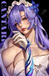  1girl absurdres artist_name breasts cantarella_(wuthering_waves) dress earrings fingernails flower gloves hair_between_eyes hair_flower hair_ornament hand_up headdress highres jewelry large_breasts lips long_hair looking_at_viewer mark_under_eye meister_staze mole mole_under_eye purple_eyes purple_flower purple_hair smile solo upper_body very_long_hair white_dress white_gloves wuthering_waves 