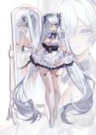  1girl :3 absurdres alternate_costume apron bare_back black_ribbon blue_eyes blush bow breasts cinderella_(nikke) cleavage clothes_lift commentary different_reflection dress english_commentary enmaided frilled_apron frilled_dress frilled_hairband frilled_wrist_cuffs frills full-length_mirror garter_straps glass_slipper goddess_of_victory:_nikke hair_between_eyes hair_intakes hair_ornament hair_over_one_eye hair_ribbon hairband high_heels highres large_breasts long_hair looking_at_viewer maid maid_apron maid_headdress mirror panties pantyshot reflection ribbon see-through_clothes see-through_skirt skindentation skirt skirt_lift solo thighhighs twintails underwear uyuri_(89976220) very_long_hair white_background white_dress white_hair white_thighhighs wrist_cuffs zoom_layer 