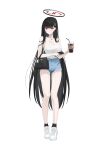  1girl absurdres alternate_costume bag black_hair black_halo black_socks blue_archive blue_shorts blush bra_strap breasts bright_pupils camisole cleavage closed_mouth commentary cup denim denim_shorts disposable_cup full_body hair_ornament hairpin halo handbag highres holding holding_cup holding_phone hwa_n01 large_breasts long_hair looking_at_viewer phone red_eyes rio_(blue_archive) shoes shorts simple_background socks solo spaghetti_strap standing thighs very_long_hair white_background white_camisole white_pupils white_shoes 