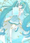  1girl absurdres aqua_eyes aqua_hair aqua_nails aqua_skirt blush bow closed_mouth dress hair_between_eyes hair_bow hair_ornament hatsune_miku highres hiramado_miku kowareta_sekai_to_utaenai_miku long_hair long_sleeves official_alternate_costume official_alternate_hairstyle okimono-kururi pleated_skirt project_sekai reaching reaching_towards_viewer shoes skirt smile solo spoilers thighhighs twintails very_long_hair white_bow white_dress white_shoes white_thighhighs wide_sleeves x_hair_ornament yellow_trim 