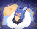  1boy animal_ears black_coat black_coat_(kingdom_hearts) black_gloves black_shoes blue_fur blue_hair blue_theme chibi chibi_only closed_eyes cloud coat commentary cross_scar curtains floating full_body gloves heart hugging_object kingdom_hearts long_hair male_focus moon night night_sky on_cloud rabbit_boy rabbit_ears rabbit_tail saix scar scar_on_face shoes sky solo sparkle squidkid528 star_(symbol) tail 