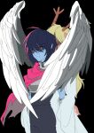  1girl 1other absurdres angel_wings antlers armor black_background blonde_hair blue_hair blue_skin breastplate cape colored_skin covered_face cowboy_shot deer_antlers deltarune feathered_wings highres horns kris_(dark_world)_(deltarune) kris_(deltarune) long_hair noelle_holiday noelle_holiday_(dark_world) pink_cape red_eyes robe shaded_face short_hair simple_background standing sukhee_pk tearing_up white_robe white_wings wing_hug wings 