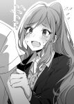  1boy 1girl absurdres blouse blush collared_shirt commentary_request crying flying_sweatdrops greyscale high_ponytail highres jacket kageishi_sumire lapels long_hair looking_at_another monochrome notched_lapels novel_illustration office_lady official_art open_mouth ponytail second-party_source shirt short_sleeves solo_focus sweat tears tomari_(veryberry00) tomodachi_no_imouto_ga_ore_ni_dake_uzai wing_collar worried 