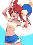  1girl :d blue_background blue_eyes blue_shorts crop_top highres jumpluff lower_teeth_only navel nisanrei121 official_alternate_costume open_mouth pokemon pokemon_(creature) pokemon_masters_ex red_hair short_hair_with_long_locks short_shorts shorts sidelocks skyla_(pokemon) skyla_(summer_2025)_(pokemon) smile teeth two-tone_background white_background 