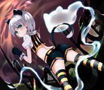  :| abstract_background animal_ears bad_id bad_pixiv_id belt cat_ears closed_mouth dutch_angle earrings full_moon fur_collar gloves green_eyes hairband halter_top halterneck highres hitodama jewelry konpaku_youmu konpaku_youmu_(ghost) looking_back midriff moon mouth_hold paw_pose puffy_sleeves shamuichi short_hair short_shorts short_sleeves shorts silver_hair solo standing striped striped_legwear tail thighhighs touhou 