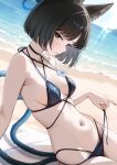  1girl animal_ears bakeneko bikini black_choker black_eyes black_hair black_nails black_tail blue_archive blue_bikini blue_sky blue_tail blush breasts cat_ears cat_girl cat_tail choker closed_mouth commentary_request criss-cross_halter criss-cross_straps fingernails gradient_tail halterneck highres kikyou_(blue_archive) kikyou_(swimsuit)_(blue_archive) layered_bikini looking_at_viewer marisasu_(marisa0904) medium_breasts multiple_tails nail_polish navel official_alternate_costume short_hair sitting sky solo stomach swimsuit tail two_tails untied_bikini_bottom 