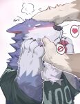 absurd_res ambiguous_gender anthro blush canid canine claws clothing duo finger_claws fingers fur hand_on_head headpat heart_symbol hi_res kuromonsart mammal pawpads petting pictographics pink_pawpads shirt solo_focus speech_bubble topwear