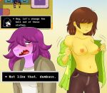 anthro areola big_hair blush blush_lines bottomwear breasts brown_bottomwear brown_clothing brown_eyes brown_hair brown_pants clothed clothing deltarune dialogue duo embarrassed eyelashes female freckled_face freckles front_view green_clothing green_topwear grey_clothing grey_topwear hair hair_over_eyes hi_res human kris_(deltarune) mammal navel nipples open_clothing open_mouth open_topwear pants pink_areola pink_nipples purple_body purple_scales rainy_(artist) scales scalie susie_(deltarune) text text_box topwear undertale_(series) undressing