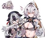  2girls animal_ears armor armored_gloves bikini_armor black_hair breasts brown_coat chibi chibi_inset cleavage coat commentary_request coralie_6626_planck dduehddueh dog_ears dog_tail erdos_helia erdos_helia_(planar_armament:_warped_spacetime) grey_eyes hair_intakes hair_ornament highres honkai_(series) honkai_impact_3rd korean_commentary large_breasts long_hair multicolored_hair multiple_girls navel simple_background stomach tail two-tone_hair very_long_hair white_background white_hair yellow_eyes 