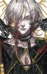  1boy absurdres blue_eyes chest_jewel damabengba earrings eyeshadow eyeshadow_under_eye fate/grand_order fate_(series) gradient_hair hair_ornament hair_over_one_eye highres jewelry karna_(fgo_fes._2025)_(fate) looking_at_viewer makeup male_focus medium_hair multicolored_hair pale_skin red_eyeshadow red_hair ring solo upper_body white_hair 