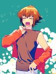  1boy black_shirt blush brown_hair bubble closed_eyes denim duel_academy_uniform_(yu-gi-oh!_gx) green_background hot jacket jeans open_mouth pants red_jacket shirt sweat sweatdrop ta6ypaaa yu-gi-oh! yu-gi-oh!_gx yuki_judai 