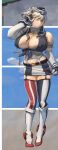  1girl absurdres american_flag american_flag_legwear asymmetrical_legwear black_hair blonde_hair blue_eyes blue_sky breasts cleavage crane_(machine) elbow_gloves front-tie_top full_body garter_straps gloves headgear highres kantai_collection large_breasts long_hair mismatched_legwear multicolored_hair overlapped_images skirt sky solo star-shaped_pupils star_(symbol) striped_clothes striped_skirt striped_thighhighs symbol-shaped_pupils thighhighs two-tone_hair uss_missouri_(bb-63)_(personification) vertical-striped_clothes vertical-striped_skirt vertical-striped_thighhighs ye_fan 