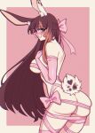  1girl animal_ears ass bare_shoulders blunt_bangs blush bound bow breasts brown_hair closed_mouth crystalsugarstars elbow_gloves embarrassed from_side glasses gloves grey_eyes hand_on_own_chest highres huge_ass large_breasts long_hair looking_at_viewer original pink-framed_eyewear pink_bow pink_gloves pink_ribbon rabbit_ears rabbit_girl rabbit_tail ribbon ribbon_bondage round_eyewear shy simple_background skindentation solo tail 