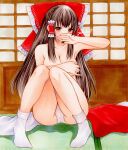  1girl blush bow breasts brown_eyes brown_hair collarbone commentary_request covering_breasts covering_own_mouth covering_privates frilled_bow frilled_hair_tubes frills hair_bow hair_tubes hakurei_reimu highres indoors large_breasts long_hair looking_at_viewer marker_(medium) panties red_bow signature socks solo tatami topless_female touhou traditional_media underwear unworn_clothes very_long_hair white_panties white_socks yuuki_hana_(jtnp5334) 
