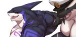  agitype01 bara black_sclera blue_eyes blush capt._locke_(xxl) colored_sclera cropped dorsal_fin english_commentary fangs furry furry_male hat implied_yaoi looking_at_viewer male_focus muscular muscular_male open_mouth orca_boy orem_(xxl) pectorals sailor_hat shark_boy shark_fin sharp_teeth teeth unfinished upper_body white_background xxl_woofia yellow_eyes 