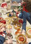  3girls absurdres alternate_costume animal_on_head baby_animal bamboo_steamer bird black_skirt blazer blonde_hair blue_hat blue_jacket bowl breasts chick chicken_feet_(food) chinese_commentary chopsticks closed_eyes closed_mouth collared_shirt commentary_request ender_xiaohai epaulettes food frilled_hat frills from_above green_hair hat highres jacket leaning_forward medium_breasts multiple_girls neck_ribbon necktie niwatari_kutaka office_lady on_head onozuka_komachi open_mouth pencil_skirt plate red_eyes red_hair red_necktie red_ribbon ribbon shiki_eiki shirt short_hair skirt smile spoken_character steamed_bun table touhou white_shirt 