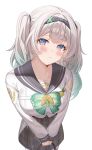  1girl absurdres blue_eyes blush bow bowtie breasts closed_mouth commentary_request devl_ga_aru firefly_(honkai:_star_rail) firefly_(spring_missive)_(honkai:_star_rail) gradient_eyes gradient_hair green_bow green_bowtie grey_hair grey_hairband grey_sailor_collar grey_skirt hair_between_eyes hair_intakes hair_tie hairband highres holding honkai:_star_rail honkai_(series) large_breasts long_hair looking_at_viewer multicolored_eyes multicolored_hair own_hands_together pleated_skirt sailor_collar simple_background skirt solo twintails white_background 