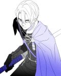  1boy absurdres belt blue_belt blue_cape blue_eyes cape cowboy_shot curtained_hair dimitri_alexandre_blaiddyd fire_emblem fire_emblem:_three_houses garreg_mach_monastery_uniform gauntlets hair_between_eyes hashtag-only_commentary highres holding holding_polearm holding_weapon kwajia3 looking_at_viewer male_focus parted_bangs polearm sanpaku serious short_hair shoulder_belt simple_background solo spot_color weapon white_background 