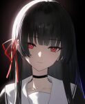  absurdres black_hair chisa_(wuthering_waves) collarbone hair_ornament head_tilt highres long_hair looking_at_viewer mek red_eyes red_ribbon ribbon sailor_collar school_uniform straight_hair wuthering_waves 