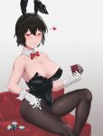  1girl absurdres alternate_costume animal_ear_hairband animal_ears bare_shoulders black_hair black_hairband black_leotard black_pantyhose blush bow bowtie breasts card cleavage collar collarbone commentary_request covered_navel detached_collar fake_animal_ears feet_out_of_frame gloves hairband heart highleg highleg_leotard highres holding holding_card holding_poker_chip huge_breasts leg_up leotard mo_zhu pantyhose parted_lips playboy_bunny playing_card poker_chip red_bow red_bowtie red_eyes shameimaru_aya short_hair simple_background sitting smile solo speech_bubble spoken_heart strapless strapless_leotard touhou white_background white_collar white_gloves white_wrist_cuffs wing_collar wrist_cuffs 