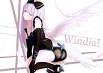  ? alternate_color angel_wings ass bare_shoulders black_legwear breasts character_name deathsmiles elbow_gloves ere_(2516325) gloves high_heels looking_at_viewer purple_hair silver_eyes small_breasts solo thighhighs thighs windia_(deathsmiles) wings 