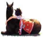  1girl animal_ears arm_around_neck black_hair commentary_request creature_and_personification from_behind hair_ornament horse horse_ears horse_girl jacket jagaimobeniko katsuragi_ace_(racehorse) katsuragi_ace_(umamusume) personification ponytail real_life red_jacket shirt short_ponytail track_jacket umamusume unworn_jacket white_shirt 