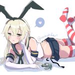  1girl :3 animal_ears arm_support ass bare_shoulders black_panties black_ribbon blonde_hair blue_sailor_collar blue_skirt blush breasts butt_crack buttons cropped_shirt double-breasted elbow_gloves from_side full_body gloves green_eyes hair_between_eyes hair_ribbon hairband half-closed_eyes hand_on_own_cheek hand_on_own_face head_rest heart highleg highleg_panties highres kantai_collection legs_folded long_hair looking_at_viewer lying microskirt mihigidari neckerchief on_stomach panties pleated_skirt rabbit_ears red_neckerchief ribbon sailor_collar shimakaze_(kancolle) shirt skirt sleeveless sleeveless_shirt small_breasts solo spoken_heart striped_clothes striped_thighhighs tan tanlines thighhighs thighs underwear very_long_hair white_gloves white_shirt 