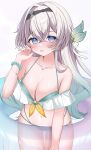  1girl @_@ aqua_bikini bead_bracelet beads bikini bikini_day black_hairband blush bracelet breasts cleavage firefly_(honkai:_star_rail) frilled_bikini_top gradient_eyes green_pupils grey_hair hair_between_eyes hair_intakes hair_ornament hair_ribbon hairband highres holding_tube honkai:_star_rail honkai_(series) jewelry large_breasts long_hair multicolored_eyes nail_polish oguraponti open_mouth ribbon simple_background solo swimsuit tube two-tone_eyes white_background white_ribbon 