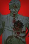  1boy aleph_(reverse:1999) bandaged_hand bandaged_head bandages black_gloves blood blood_from_mouth blood_on_clothes dark facing_viewer gloves hands_up highres impaled injury male_focus necktie oji-sama_(ochi4t) red_background reverse:1999 shirt solo the_idealist_(reverse:1999) upper_body white_necktie white_shirt 