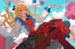  1boy ahoge black_ribbon blonde_hair book brown_eyes cup ensemble_stars! hair_between_eyes hair_ribbon long_sleeves male_focus mashiro_tomoya open_mouth outdoors ribbon solo teacup yutsumoe 