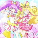  2girls ;d ahoge arm_warmers beads blonde_hair blue_eyes boots bow bow-shaped_hair bow_choker bowtie choker collar crop_top crossover cure_idol detached_collar detached_sleeves dress dress_bow drill_hair frilled_dress frilled_thigh_strap frills hair_beads hair_bow hair_ornament hair_ribbon headset heart heart-shaped_hair heart_hair_ornament heart_hands heart_hands_duo highres idol_heart_brooch kimi_to_idol_precure long_hair looking_at_viewer magical_girl manaka_laala midriff multicolored_dress multicolored_hair multiple_girls navel one_eye_closed open_mouth pink_bow pink_bowtie pink_choker pink_dress pink_hair pink_ribbon pink_shirt pink_skirt pink_wrist_cuffs precure pretty_series pripara purple_hair ribbon sakura_uta_(precure) see-through_clothes see-through_sleeves shirt single_arm_warmer skirt sleeveless sleeveless_dress smile streaked_hair striped_clothes striped_dress thigh_boots thigh_strap thighhighs twin_drills twintails two-tone_hair v v_over_eye very_long_hair white_arm_warmers white_boots white_collar white_dress white_thighhighs wrist_bow wrist_cuffs yakizakana10967 yellow_dress 