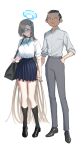  1boy 1girl absurdres asuna_(blue_archive) asuna_(school_uniform)_(blue_archive) bag black_hair black_shoes black_socks blonde_hair blue_archive blue_eyes blue_halo blue_skirt blush breasts choker doodle_sensei_(blue_archive) grey_pants hair_over_one_eye halo highres holding_hands interlocked_fingers large_breasts long_hair looking_down looking_to_the_side meganeura224 pants pleated_skirt school_bag sensei_(blue_archive) shirt shoes short_hair skirt sleeves_rolled_up smile socks thighs very_long_hair white_shirt 