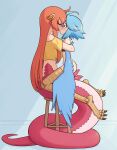  2girls ahoge animal_penis bird_legs black_tube_top blue_feathers blue_hair blue_wings blush breasts commentary digitigrade feathered_wings feathers futa_with_female futanari hair_ornament hairclip harpy highres kiss lamia large_breasts liveactors long_hair miia_(monster_musume) monster_girl monster_musume_no_iru_nichijou multiple_girls papi_(monster_musume) penis pointy_ears precum red_hair red_scales scales shirt short_hair snake_penis stool strapless tail talons tube_top uncensored very_long_hair winged_arms wings yellow_eyes yellow_shirt 