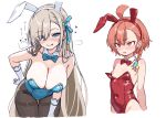  2girls animal_ears asuna_(blue_archive) asuna_(bunny)_(blue_archive) black_pantyhose blue_archive blue_bow blue_bowtie blue_leotard blush bow bowtie braid breast_envy breasts brown_hair covered_navel cowboy_shot detached_collar dot_nose elbow_gloves embarrassed fake_animal_ears gloves highleg highleg_leotard large_breasts leaning_forward leotard long_hair mole mole_on_breast multiple_girls nattocurryumeee neru_(blue_archive) neru_(bunny)_(blue_archive) nipples no_halo nose_blush official_alternate_costume open_mouth pantyhose playboy_bunny puffy_nipples rabbit_ears red_bow red_bowtie red_hair red_leotard short_hair simple_background single_braid small_breasts standing tongue tongue_out very_long_hair wardrobe_malfunction wavy_mouth white_background white_gloves 